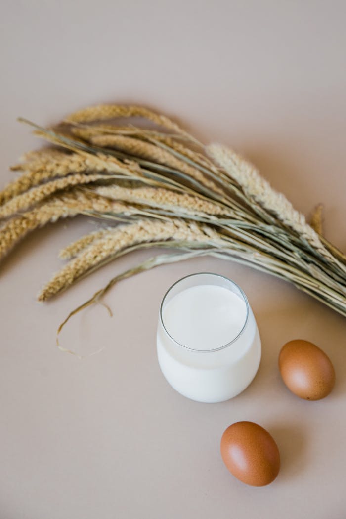 A flat lay of fresh eggs, a glass of milk, and wheat on a neutral background.
